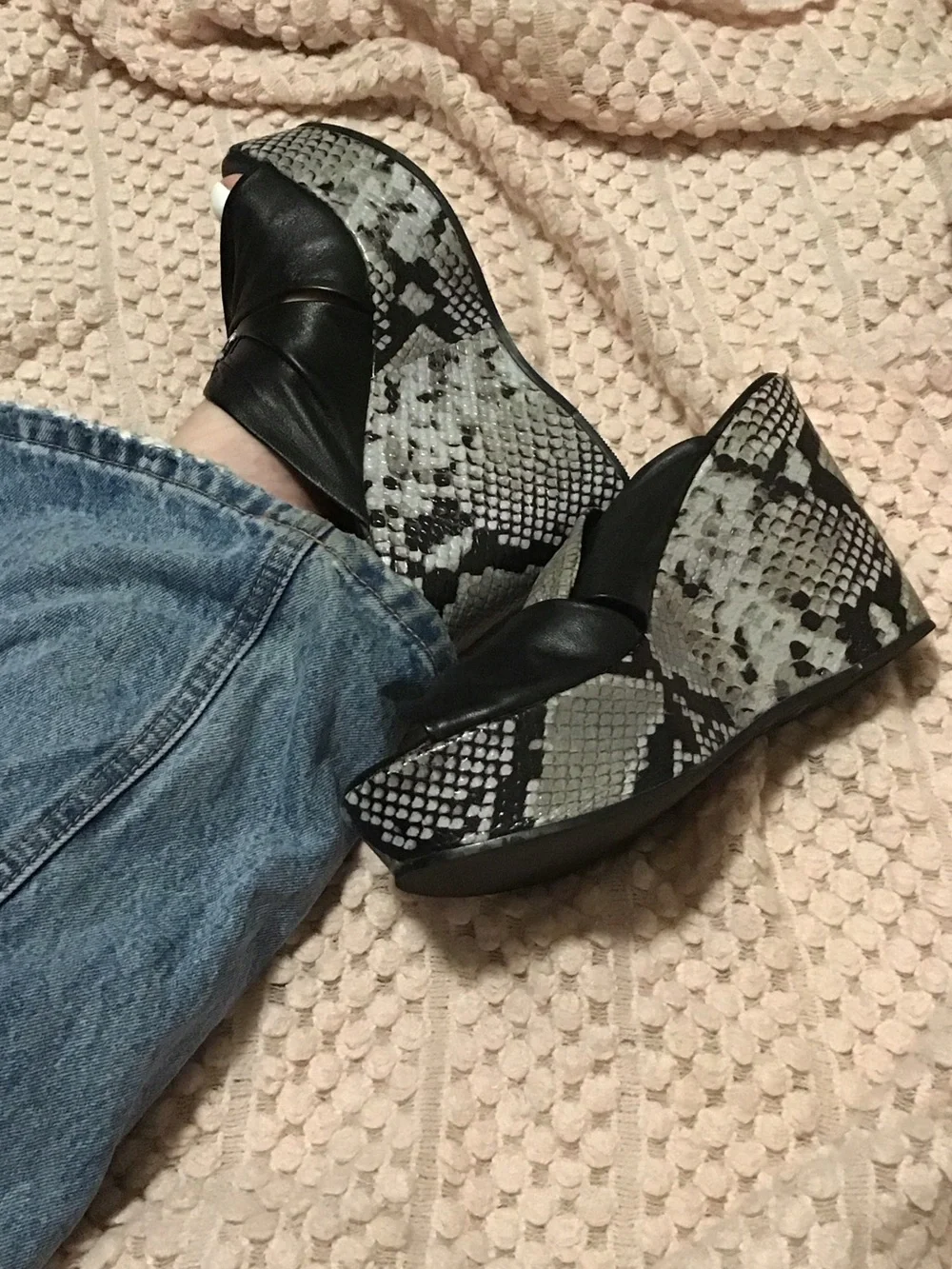 Matisse Black and Gray Snake-Print Wedge Sandals